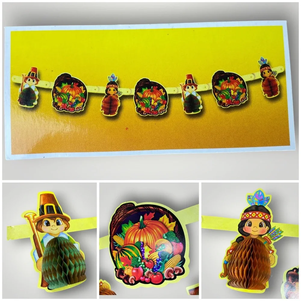 Thanksgiving Honeycomb Bundle Turkey Acorns Garland 1980s Décor Paper Ephemera